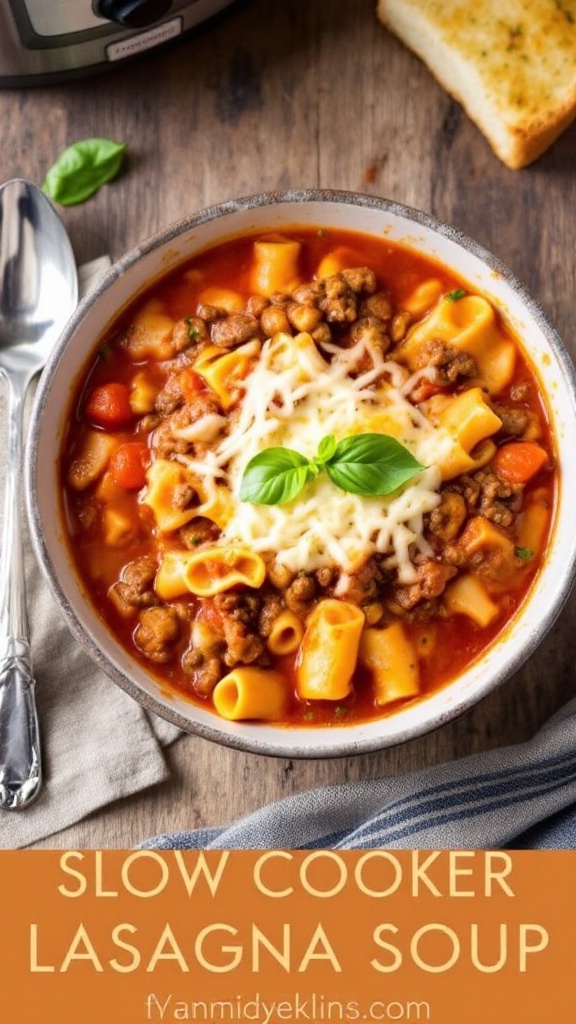 A bowl of Slow Cooker Lasagna Soup with noodles, ground beef, and melted cheese, served with garlic bread.